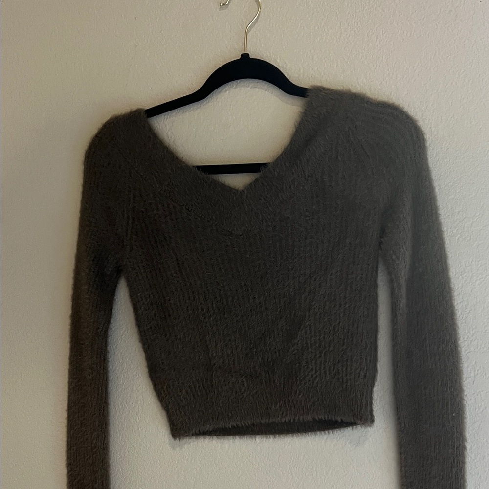 American Eagle Outfitters Fuzzy V-Neck Sweater - Charcoal
